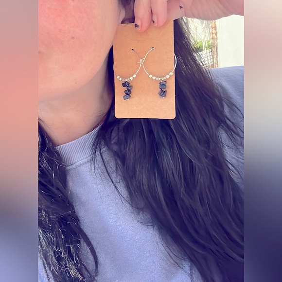 Beautiful Silver Ball โFancy Hoopsโ w/Natural Healing Navy Sparkling Sandstones - Picture 7 of 16